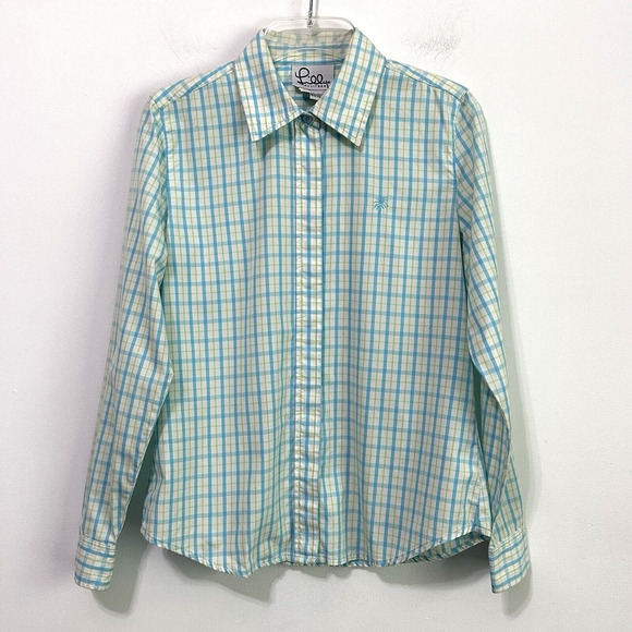 Lilly Pulitzer Blouse 4 Button Front Plaid Long Sleeve Summer Blue Lime Plaid - Picture 1 of 11